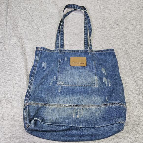 American Eagle Denim Tote Bag Blue AEO Jean Large Distressed Patch Cottage Logo - Picture 10 of 16